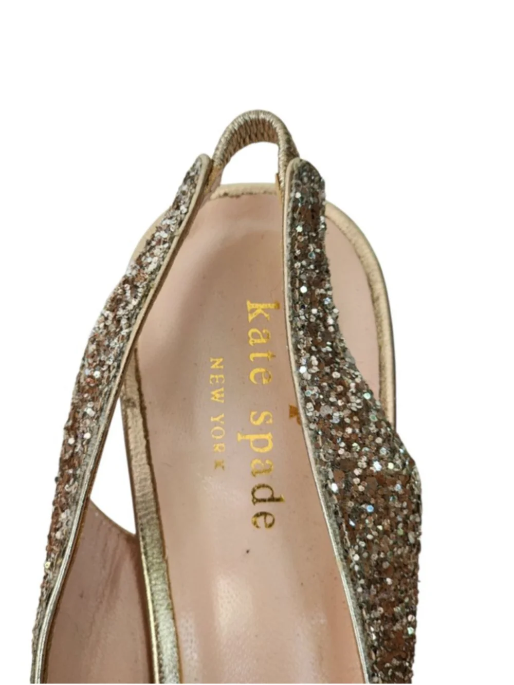 KATE SPADE Charm‎ Gold Glitter Bow Peep Toe Slingback Sandals Wedding Size 6.5